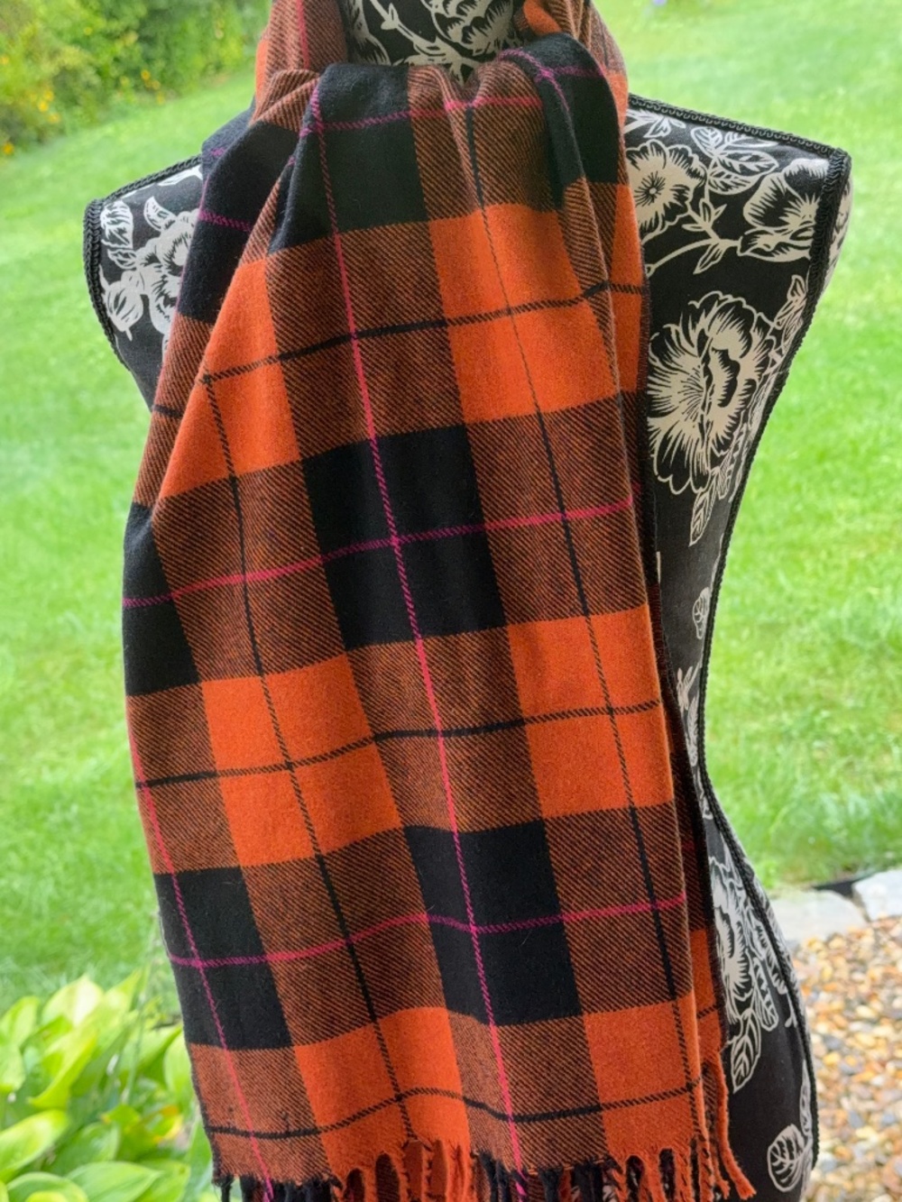 NAF NAF Oversized Plaid Scarf Wrap Orange Black Pink Fringe Unisex